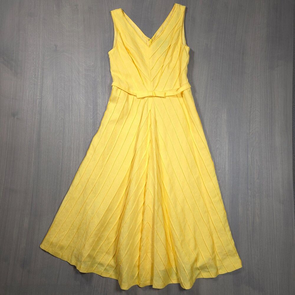 Positive Attitude Vintage 90s Yellow Pleated Sleeveless Bow Summer Dress 6P